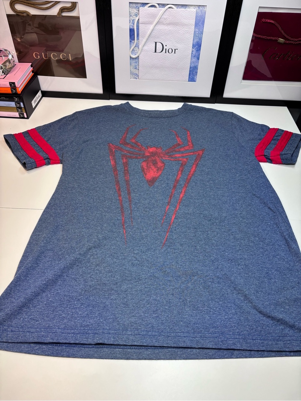 Marvel Men's Heather Blue Short-Sleeve Tee with Red Spider Graphic